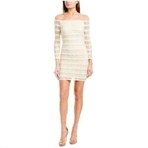 Ali & Jay Ivory Off the Shoulder Long Sleeve Lace Stretch Bodycon Mini Dress
